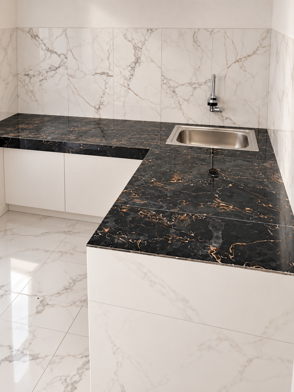 Render 3D dapur rumah dengan meja berbentuk L dan bak cuci